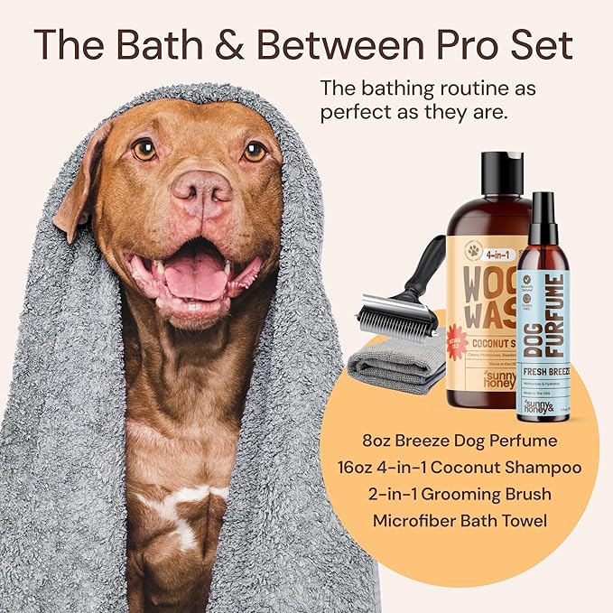 Sunny & Honey Bath Bundle - Dog Shampoo and Conditioner, Perfume, Brush for Shedding & Microfiber Towel - Moisturize & Detangle - Dog Wash & Cologne Spray (Coconut Shampoo 16oz & Breeze Perfume 8oz)