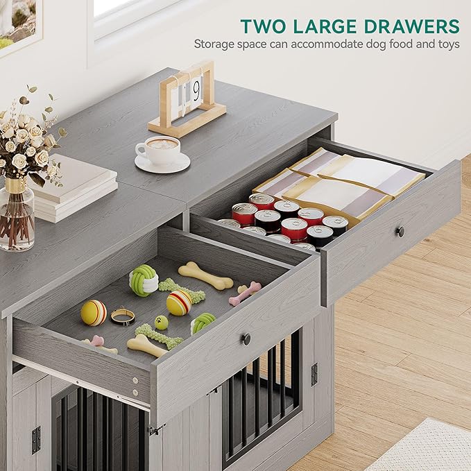 YITAHOME 60" Wooden Dog Crate Furniture with Removable Divider & Storage Drawers, Double Door Kennel with Locks for Medium and Large Dogs, Multi-Functional Dog Crate End Table for Indoor use, Grey