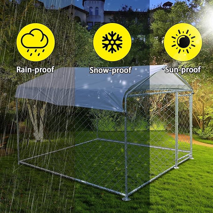 6.6 x 6.6FT Large Outdoor Dog Kennel, Anti-Rust Dog Kennel Outside with Roof, Heavy Duty Chain Link Dog Runs Cage for Outside Backy ard with Waterproof UV-Resistant Cover