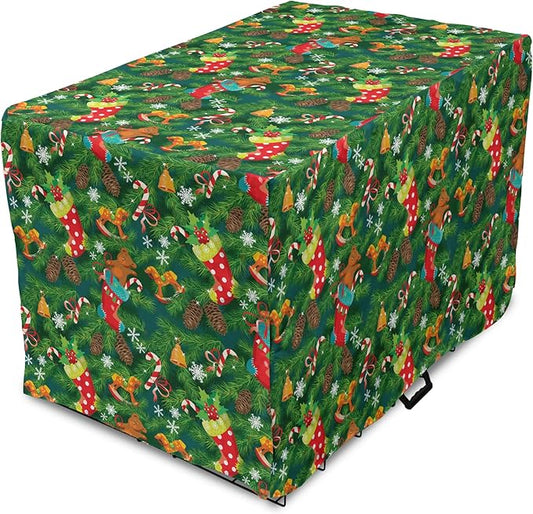 Ambesonne Christmas Dog Crate Cover, Xmas Accessories Stockings Candies Horse Teddy Bear on Pine, Easy to Use Pet Kennel Cover for Small Dogs Puppies Kittens, 22 Inch, Green Brown