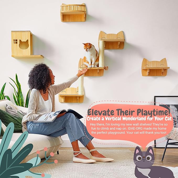 IDAE Cat Wall Shelves – 9-Piece Wooden Wall-Mounted Cat Furniture Set with Condo, Scratcher & Steps – for Large Indoor Cats – Natural Wood