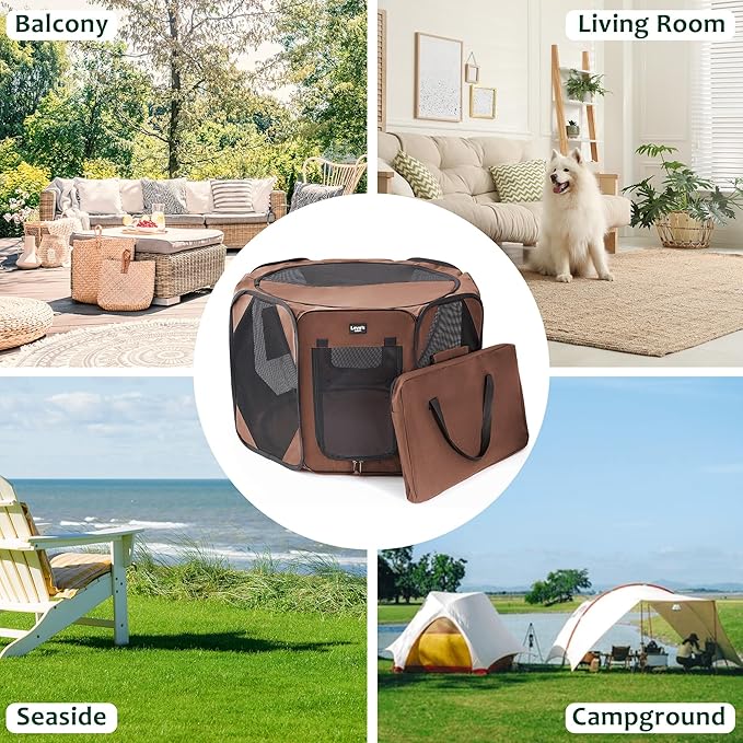 Love's cabin Pet Puppy Dog Playpen, Small Dog Tent Crates Cage Indoor/Outdoor, Portable Playpen for Cat, Foldable Pop Up Dog Kennel Playpen with Carring Case, Brown