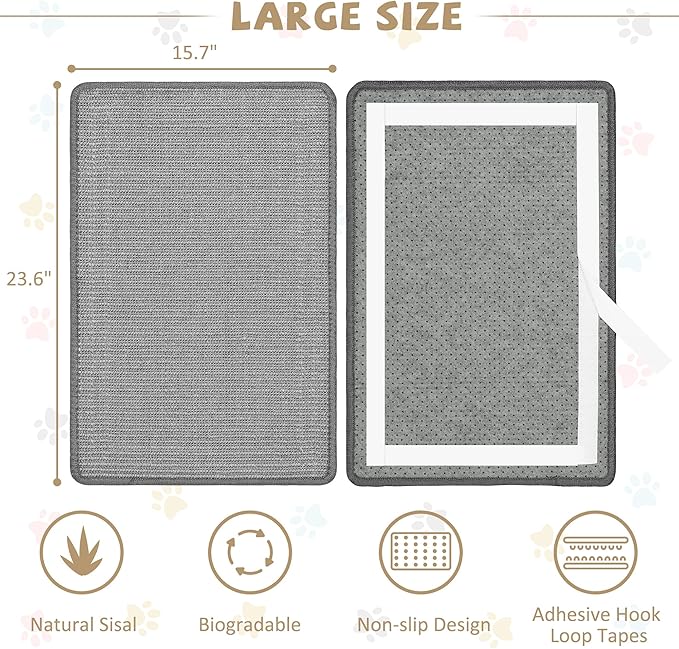 Gray Cat Scratching Mat Sisal, 2 Packs Sisal Fabric Large Cat Scratching Pad for Indoor Cats with Adhesive Hook Loop Tape, Wall Scratchers for Indoor Cats 23.6" x 15.7"