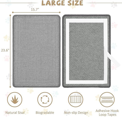 Gray Cat Scratching Mat Sisal, 2 Packs Sisal Fabric Large Cat Scratching Pad for Indoor Cats with Adhesive Hook Loop Tape, Wall Scratchers for Indoor Cats 23.6" x 15.7"
