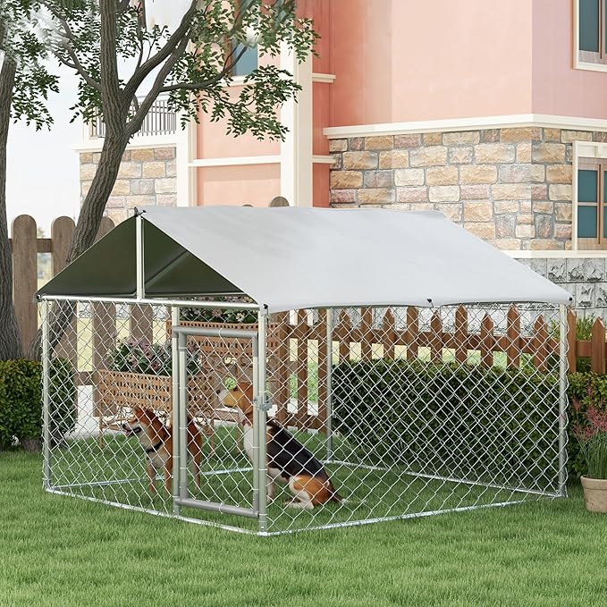 PawHut Large Dog Kennel Outside, Heavy Duty Dog Cage with Waterproof Cover, Outdoor Fence Dog Run with Galvanized Chain Link, Secure Lock, 6.6' x 6.6' x 4.9'