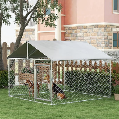 PawHut Large Dog Kennel Outside, Heavy Duty Dog Cage with Waterproof Cover, Outdoor Fence Dog Run with Galvanized Chain Link, Secure Lock, 6.6' x 6.6' x 4.9'