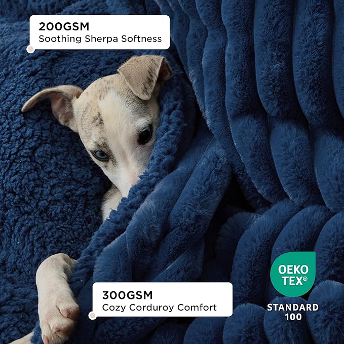 Bedsure Waterproof Dog Blankets for Small Dogs - Soft Puppy Cat Blanket Corduroy Fleece Washable, Cozy Calming Reversible Furniture Protection for Pet Kitten Doggy,25"x35", Navy Blue