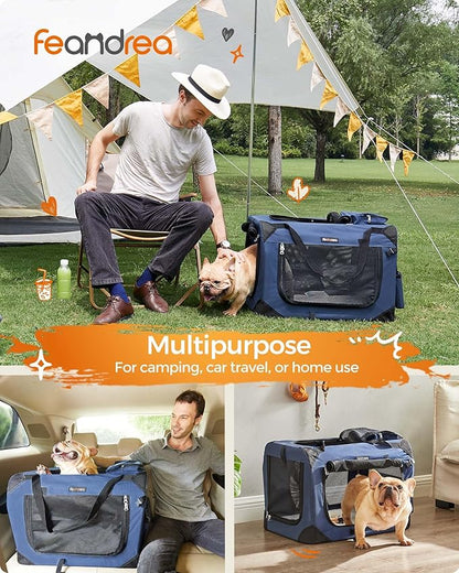 Feandrea 24 Inches Collapsible Soft Dog Crate, Portable Travel Dog Crate for Indoor and Outdoor Use, Dog Carrier Kennel with Safety Zippers, for Living Room, Car, Travelling, Campin, Dark Blue UPDC60Z