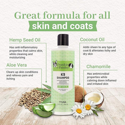 Frankie & Paisley Dog Shampoo for Allergies and Itching | Made with Plant-Based Hemp Seed Oil, Aloe, Coconut Oil | Puppy Shampoo for Sensitive Skin | Sulfate Free Shampoo and Paraben Free - 16 FL OZ