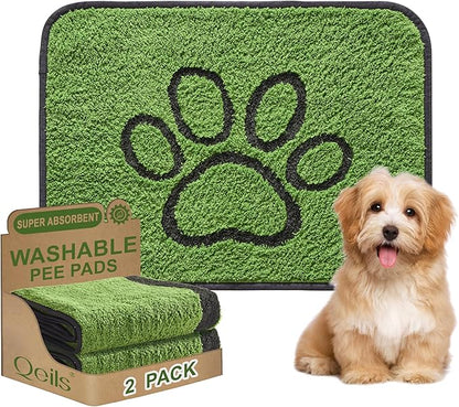 Qeils Washable Pee Pads for Dogs, 2 Pack Super Absorbent Reusable Puppy Pads with Green Long Wool for Potty Training, Floor, Couch, Bed, and Crate,18"x 24"
