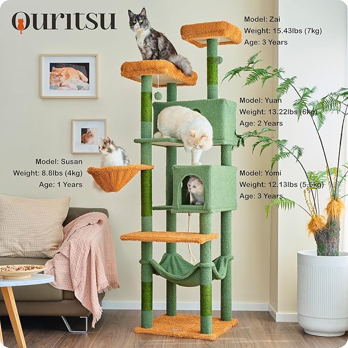 Ouritsu Cat Tree, 73.6 inch Tall Cat Climbing Tower for Large Cat Indoor with 2 Large Condos, 2 Widened Perches, Sisal Covered Scratching Posts, 2 Hammocks, Cactus Green, XLF001GB