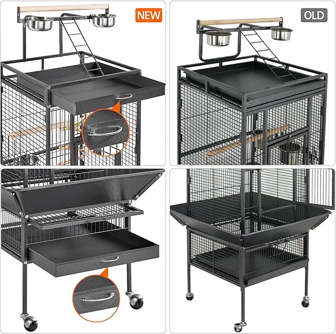 Yaheetech 61-inch Playtop Wrought Iron Large Parrot Bird Cages with Rolling Stand for Cockatiels Amazon Parrot Quaker Conure Parakeet Lovebird Finch Canary Small Medium Parrot Cage Birdcage, Black