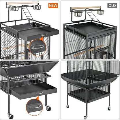 Yaheetech 61-inch Playtop Wrought Iron Large Parrot Bird Cages with Rolling Stand for Cockatiels Amazon Parrot Quaker Conure Parakeet Lovebird Finch Canary Small Medium Parrot Cage Birdcage, Black