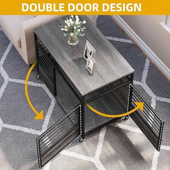 DWVO Dog Crate Furniture, 39.4 Inch Dog Kennel Indoor Furniture End Table Cage for Dogs, Modern Decorative Cage Wooden Dogs Crate Furniture with Wheels, Chew-Resistant, Dark Grey