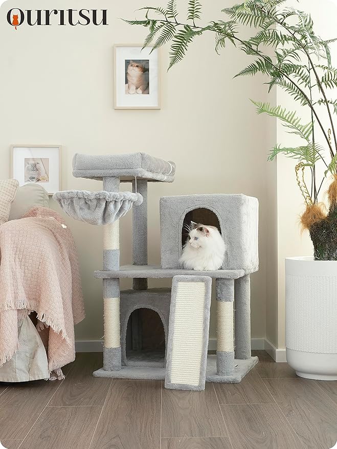 Ouritsu Cat Tree, 35 inch Cat Tower for Large Cat Indoor, 1 Widened Top Perch, 2 Enlarged Condos, Fluffy Basket, Scratching Posts and Ramp, Light Gray, MF001GA