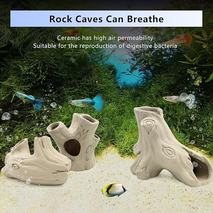 Aquarium Decorations Ceramic Artificial Stump Cave,Betta Fish Tank Accessories Hollow Tree Stump Decor 3-Piece Set