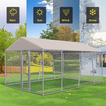 10 x 15FT Large Outdoor Dog Kennel with Roof, Dog Kennel Outside with Waterproof Cover, Galvanized Heavy Duty Chain Link Dog Runs Cage Playpen for Outside with Secure Lock