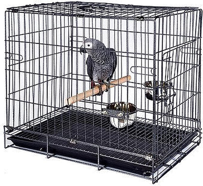 Easy Portable Foldable Travel Vet Bird Parrot Cage Carrier Handle with Stainless Feeder Bowls and Natural Wooden Stand Perch Prevent Beaks Out