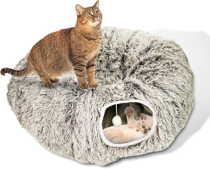 Cat Donut Bed with Washable Cushion  Cat Caves for Indoor Cats  Collapsible Donut Bed with Peekaboo Pet Tunnel Toy  Cozy Hideout for Kittens, Ferrets, Rabbits & Dogs - Brown
