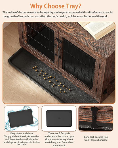 Piskyet Wooden Dog Crate Furniture with 360°Rotatable Removable Dog Bowls, Dog Crate End Table with Tray, Double Doors Dog Kennels for Dogs(M:31.8" L*22.1" W*24.1" H, Rustic Style)