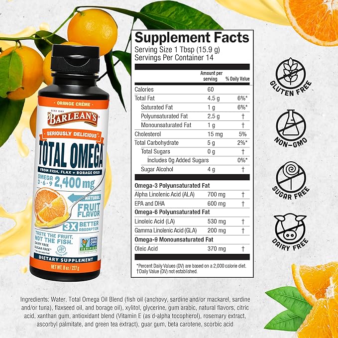 Barlean's Total Omega 3 6 9 Orange Crème Liquid Fish Oil Supplement with Borage and Flaxseed Oil, 2,400 mg of Omegas EPA and DHA Plus GLA for Joint and Heart Health, 8 oz