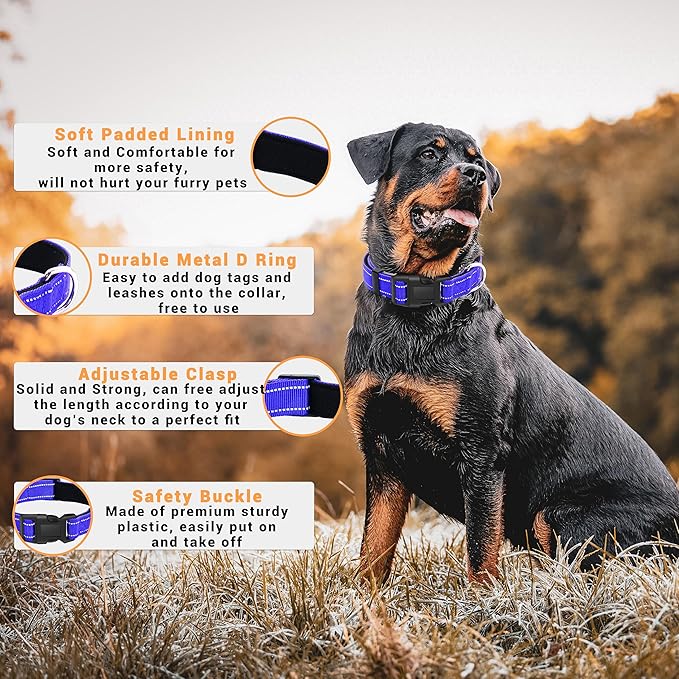 2 Pack Reflective Dog Collar with Safety Locking Buckle, Adjustable Soft Breathable Comfortable Nylon Pet Collar for Small, Medium and Large Dogs, Navyblue, XL