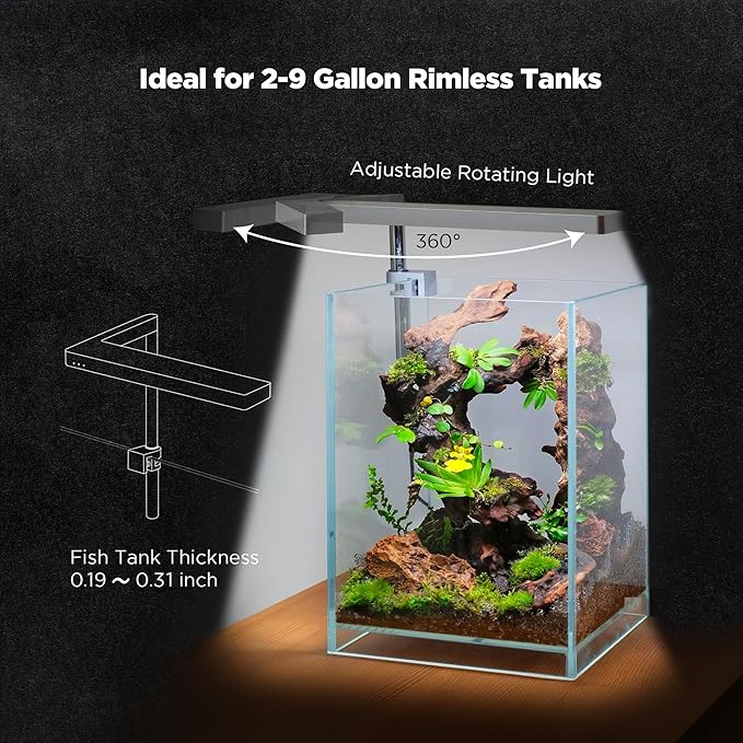 ONF Flat Nano 15W Full Spectrum Aquarium Light, 4 Level Dimmable Plant Light, IP54 Waterproof Freshwater Use Only, Suitable for 2-9 Gallon Rimless Fish Tanks, Terrariums, & Potted Plants, Silver