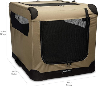 Amazon Basics 2-Door Portable Soft-Sided Folding Soft Dog Travel Crate Kennel, Medium (M 30" x 21" x 21"), Tan