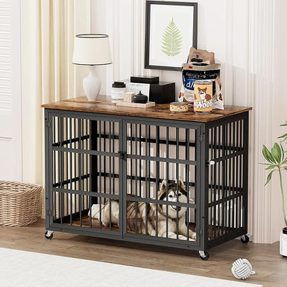 NicBex Dog Crate Furniture Dog Cage with Side Doors Opening, Dog Kennels for Inside Space, Wooden Dog Crate with Iron Doors and Lift Top for Medium and Small Dogs, Rustic Brown