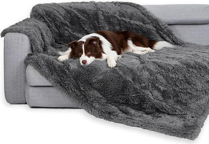 gogobunny Waterproof Plush Long Faux Fur Pet Throw Blanket Ultra Soft Fluffy Bed Couch Cover Washable - Premium Flannel Calming Blankets for Dog Puppy Cat (33x77 Inch (Pack of 1), Grey)