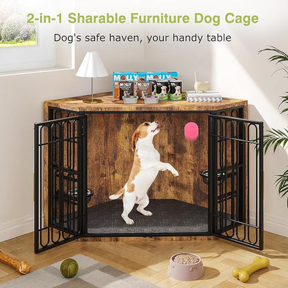 VECELO Corner Dog Crate Furniture, 43.3" Indoor Dog Kennel Indoor with Cushion & 2 Removable Trays, Wooden Dog Cage Decorative Pet House End Table for Large/Medium Dogs,Brown