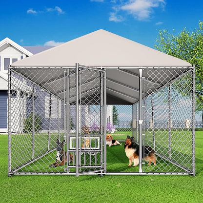 10 x 20FT Large Outdoor Dog Kennel with Bowls, Dog Kennel Outside with Waterproof Cover Roof, Galvanized Heavy Duty Chain Link Dog Runs Cage Playpen for Outside with Secure Lock