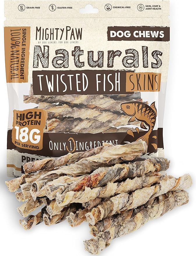 Mighty Paw Naturals Fish Skin Dog Treats | 100% Natural Dried Fish Dog Treats. Tilapia Skin Fish Chews Dog Snacks. Omega-3 Ocean Chews for Dogs, Fish Skin Chews for Dog