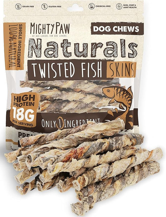 Mighty Paw Naturals Fish Skin Dog Treats | 100% Natural Dried Fish Dog Treats. Tilapia Skin Fish Chews Dog Snacks. Omega-3 Ocean Chews for Dogs, Fish Skin Chews for Dog
