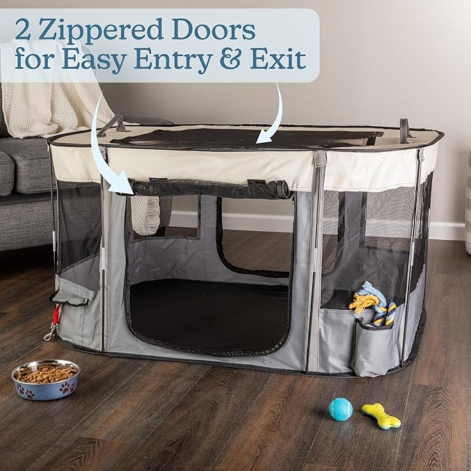 Dog Playpen - 43x34x23 Inch Puppy Kennel with Mesh Windows, Zippered Doors, and Storage Pockets - Portable Dog Play Pen Indoors/Outdoors for Small Animals by PETMAKER (Gray)