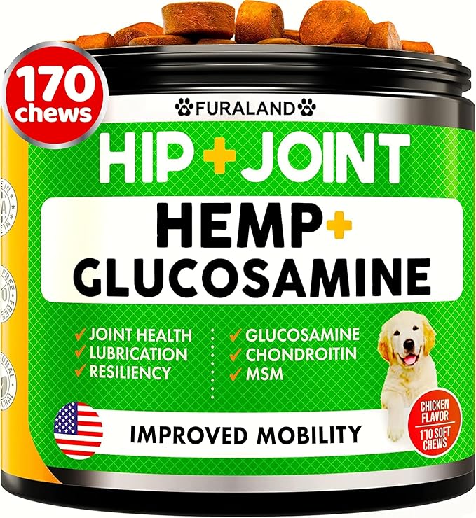 Hemp Hip and Joint Supplement for Dogs - Glucosamine for Dogs - 170 Dog Joint Pain Relief Treats - Chondroitin, Hemp Oil, MSM - Mobility & Flexibility Support - Advanced Care Health - Made in USA