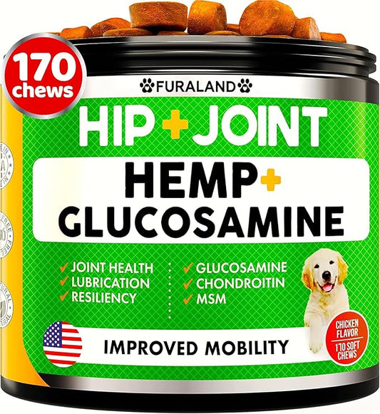 Hemp Hip and Joint Supplement for Dogs - Glucosamine for Dogs - 170 Dog Joint Pain Relief Treats - Chondroitin, Hemp Oil, MSM - Mobility & Flexibility Support - Advanced Care Health - Made in USA