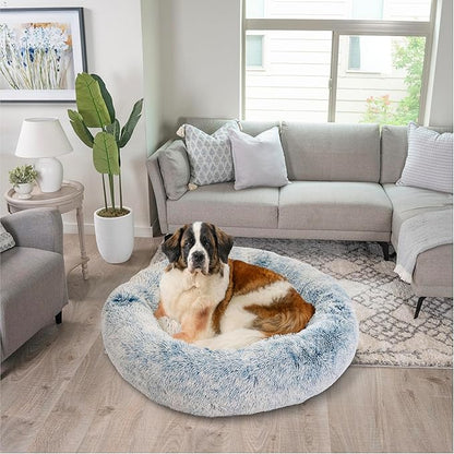 Best Friends by Sheri Original Calming Donut Dog and Cat Bed, Shag Faux Fur, Denim Blue, XL (45in x 45in) - Anxiety Relief for Pets Up to 150 lbs