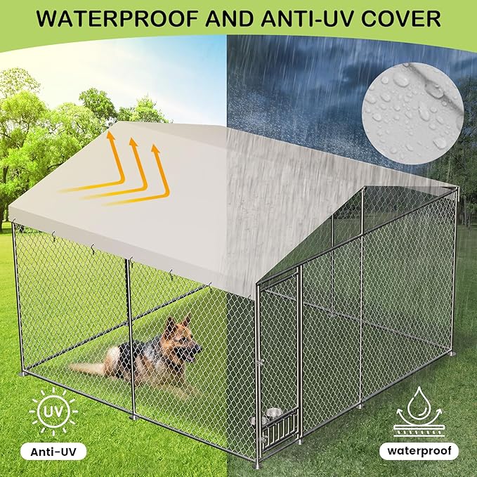 Dog Kennel Outdoor with Waterproof Canopy, Large Dog House with Feeding Doors, Large Dog Kennel Outdoor for Garden Backyard Courtyardï¼10_10_7FTï¼