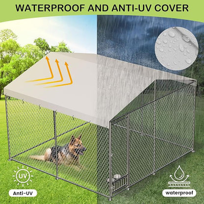 Dog Kennel Outdoor with Waterproof Canopy, Large Dog House with Feeding Doors, Large Dog Kennel Outdoor for Garden Backyard Courtyardï¼10_10_7FTï¼