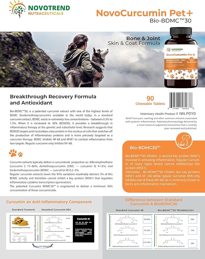 NovoCurcumin Pet+ BioBDMC30 Bone & Joint - Skin & Coat Formula - 90 Chewable Tablets