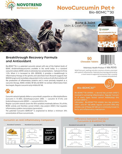 NovoCurcumin Pet+ BioBDMC30 Bone & Joint - Skin & Coat Formula - 90 Chewable Tablets