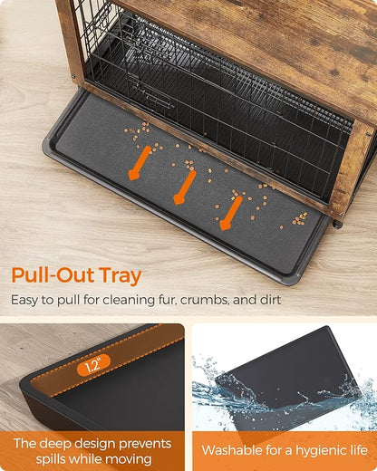 Feandrea Dog Crate Furniture, 32.5" Side End Table, Modern Kennel for Dogs Indoor up to 45 lb, Heavy-Duty Dog Cage with Multi-Purpose Removable Tray, Double-Door Dog House, Rustic Brown UPFC002X01