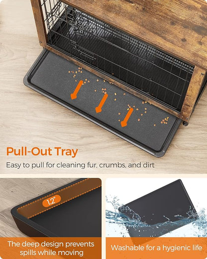 Feandrea Dog Crate Furniture, 27.2" Side End Table, Modern Kennel for Dogs Indoor up to 30 lb, Heavy-Duty Dog Cage with Multi-Purpose Removable Tray, Double-Door Dog House, Rustic Brown UPFC001X01