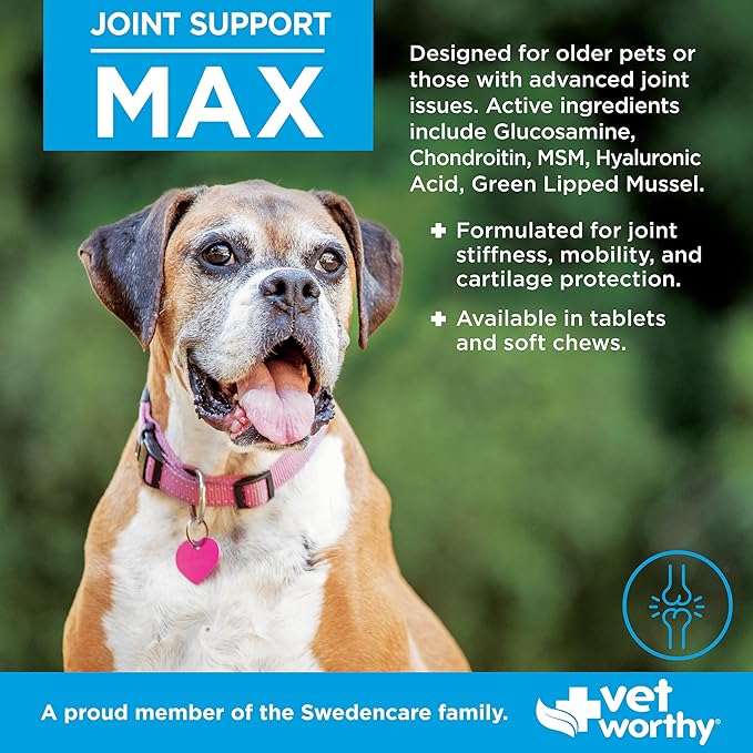 Vet Worthy Joint Support Max Tablets - Bone and Joint Supplement for Dogs - Rich in Glucosamine Chondroitin for Dogs & MSM - Formulated for Stiffness, Mobility, and Cartilage Protection – 90 Count