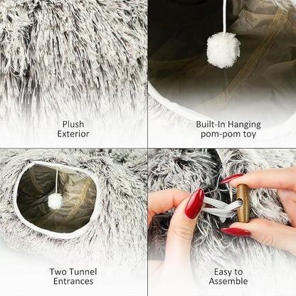 Cat Donut Bed with Washable Cushion  Cat Caves for Indoor Cats  Collapsible Donut Bed with Peekaboo Pet Tunnel Toy  Cozy Hideout for Kittens, Ferrets, Rabbits & Dogs - Brown