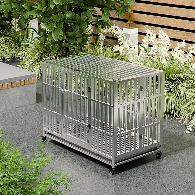 37" 42" 48" Heavy Duty Dog cage Stainless Steel Metal Kennel and Crate, Collapsible for Medium to Large Dogs, Easy to Assemble pet Pen with Four Lockable Wheels, Black Tray (48in)