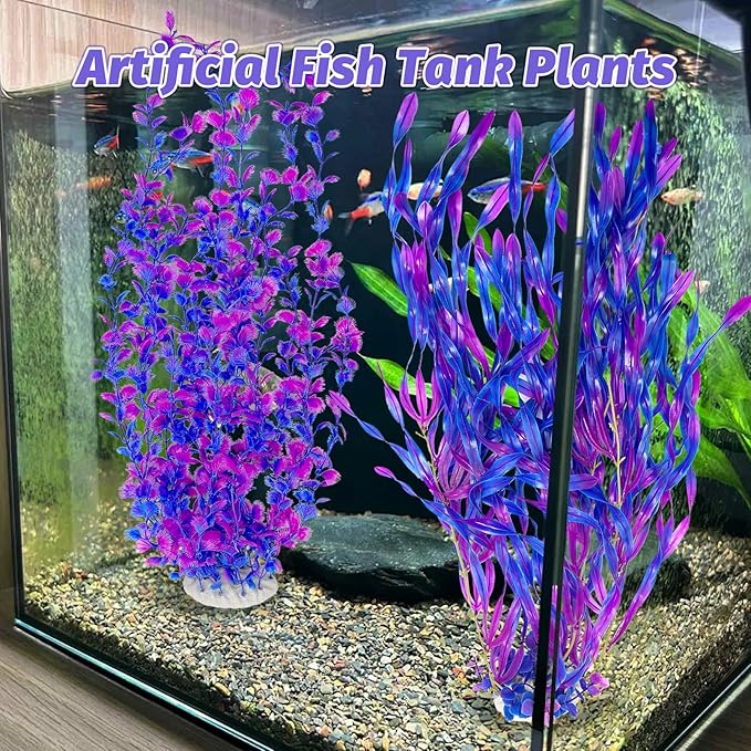 Hamiledyi Tall Aquarium Plants 23 Inches - Fish Tank Decorations, Artificial Green Water Plants Grass Cluster, Soft Plastic Fake Decor 2PCSï¼_urple Style Cï¼