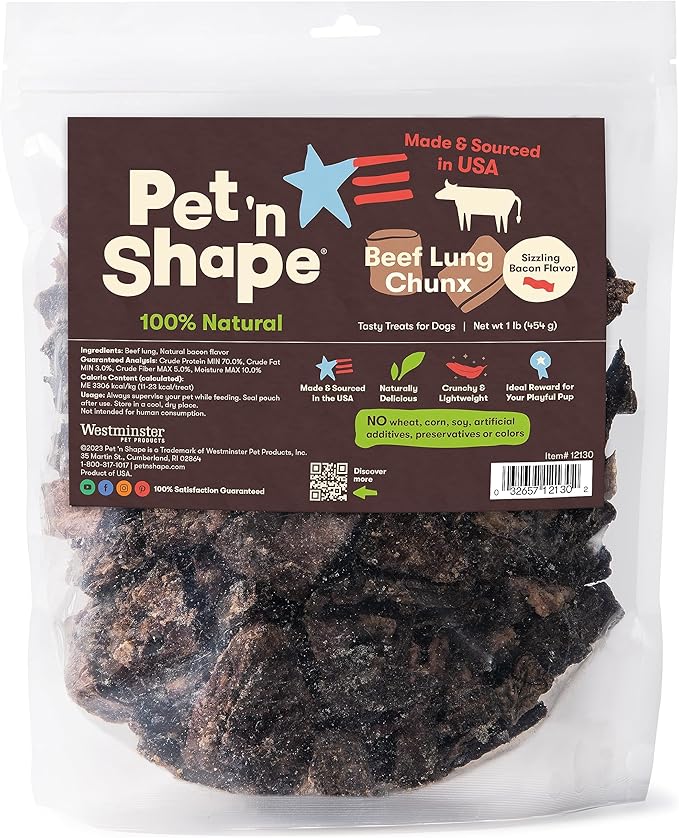 Pet 'n Shape Beef Lung Chunx Dog Treats - Made and Sourced in the USA - 16 Ounce