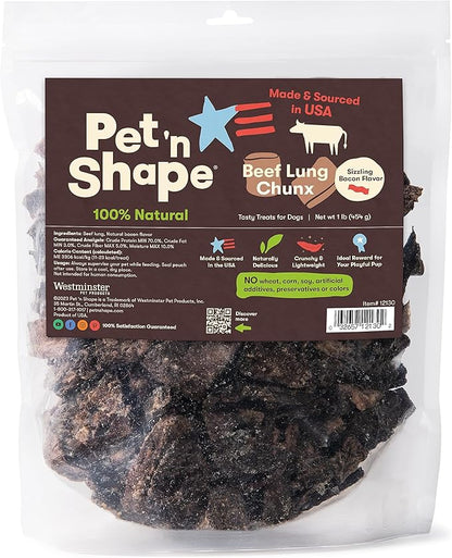 Pet 'n Shape Beef Lung Chunx Dog Treats - Made and Sourced in the USA - 16 Ounce